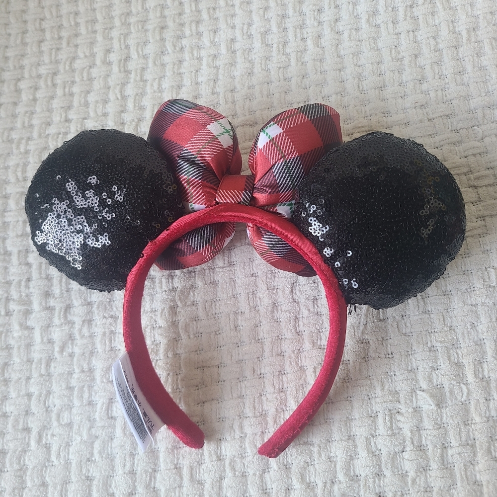 Disney Parks Christmas plaid and sequin Minnie Mouse ear headband One Size Fits - Picture 2 of 11